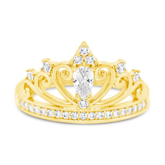 14K Yellow Gold Crown White Solitaire Pear CZ Ring