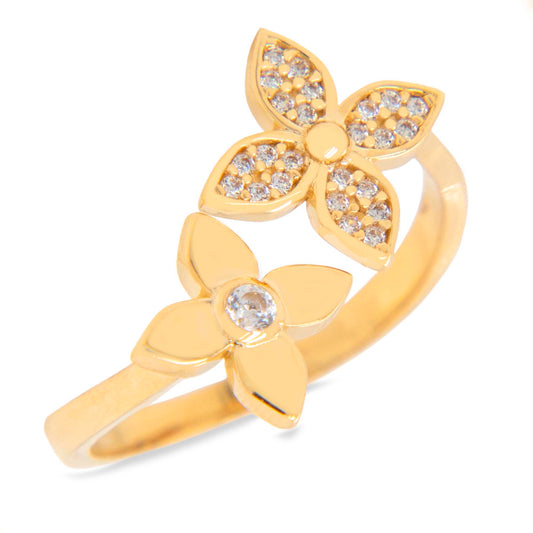14k Yellow Gold Two Clover Bypass CZ Ring