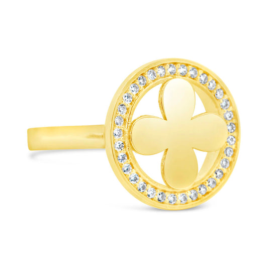 14K Yellow Gold Clover Circle CZ Ring