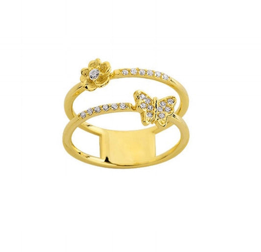14K Yellow Gold Flower Butterfly Layered CZ Ring
