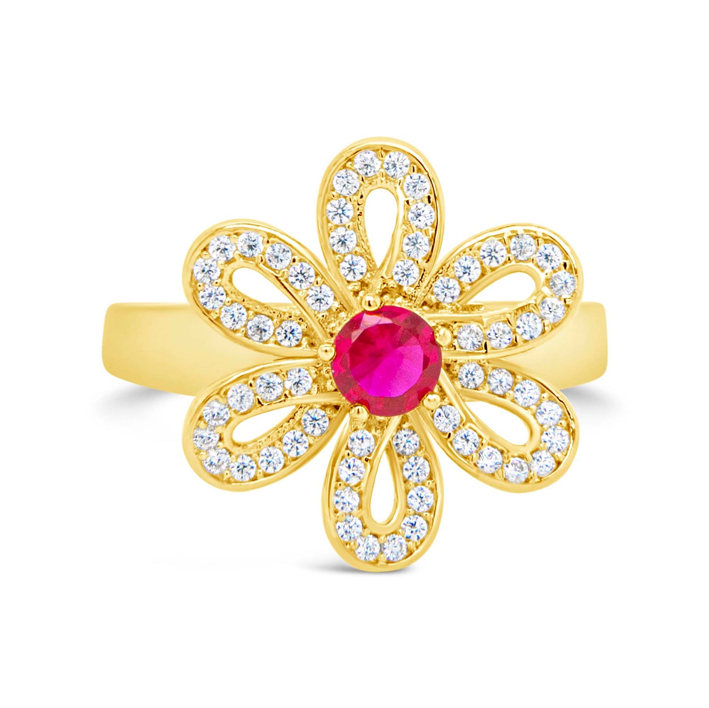 14K Yellow Gold Open Petal CZ Flower with Hot Pink CZ Center Ring