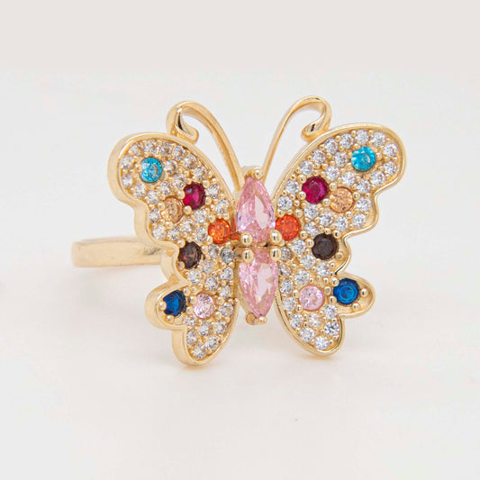 14K Yellow Gold Multi-Color Pave Butterfly CZ Ring