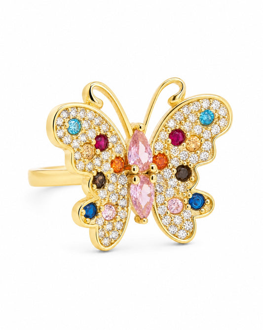 14K Yellow Gold Multi-Color Pave Butterfly CZ Ring