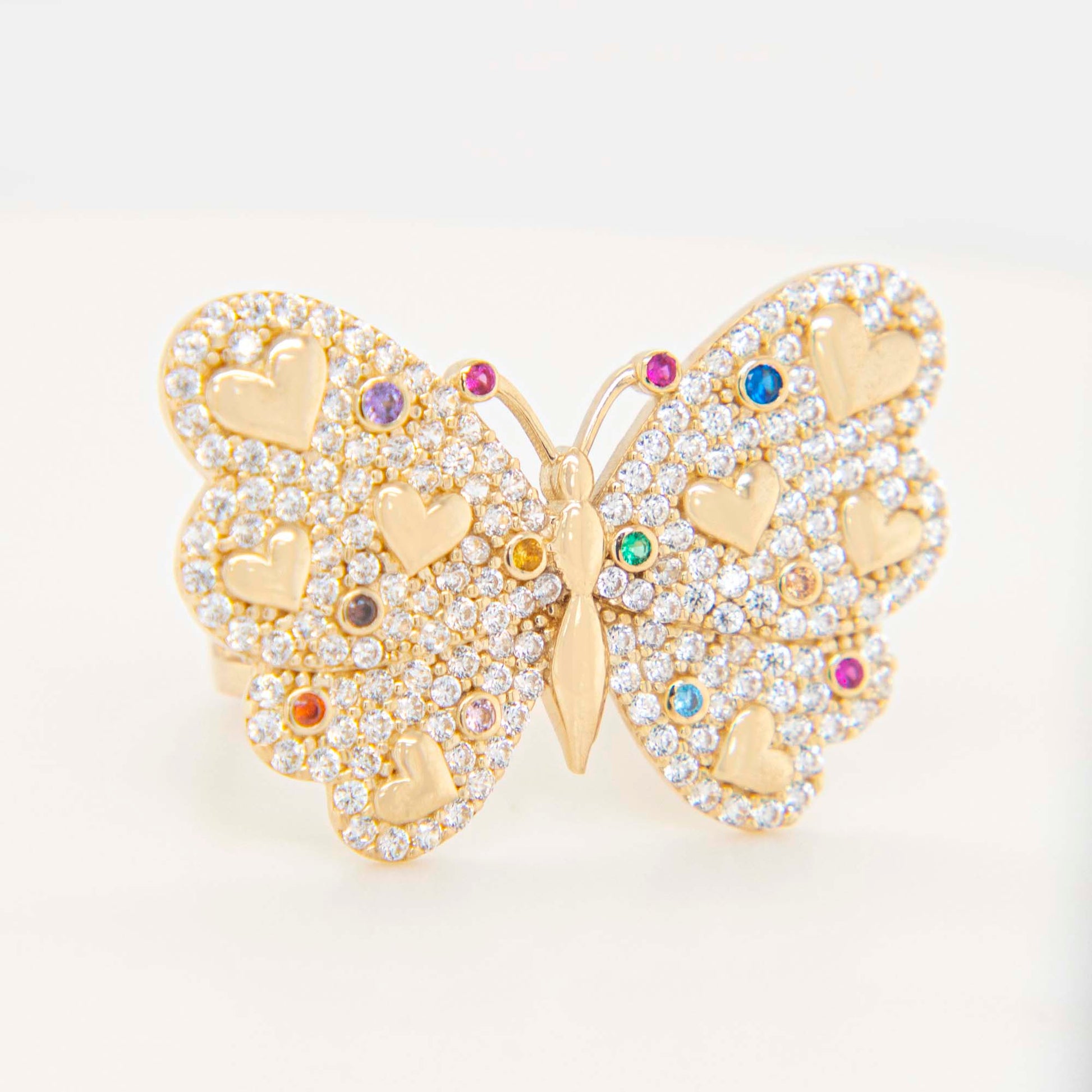 14K Yellow Gold Multi-Color Butterfly with Hearts CZ Ring