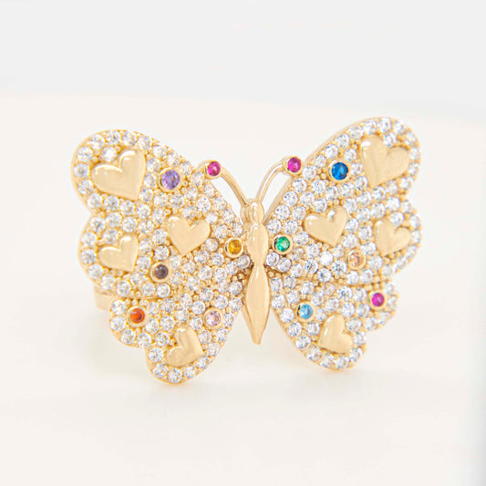 14K Yellow Gold Multi-Color Butterfly with Hearts CZ Ring