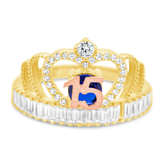 14K Two-Tone Quinceañera Blue Stone Baguette Crown CZ Ring