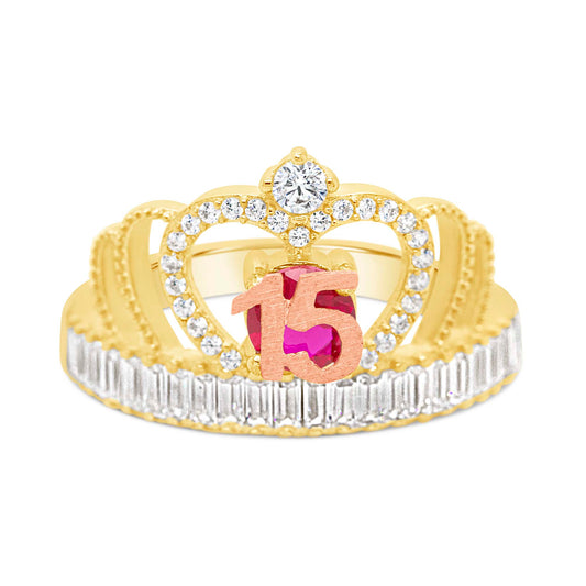 14K Two-Tone Quinceañera Pink Stone Baguette Crown CZ Ring