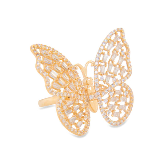 14K Yellow Gold Large Baguette Butterfly Pave CZ Ring