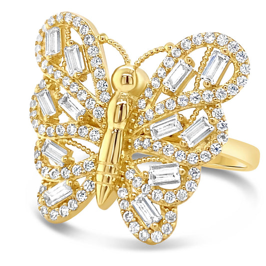 14K Yellow Gold Large Baguette Butterfly Pave CZ Ring-1