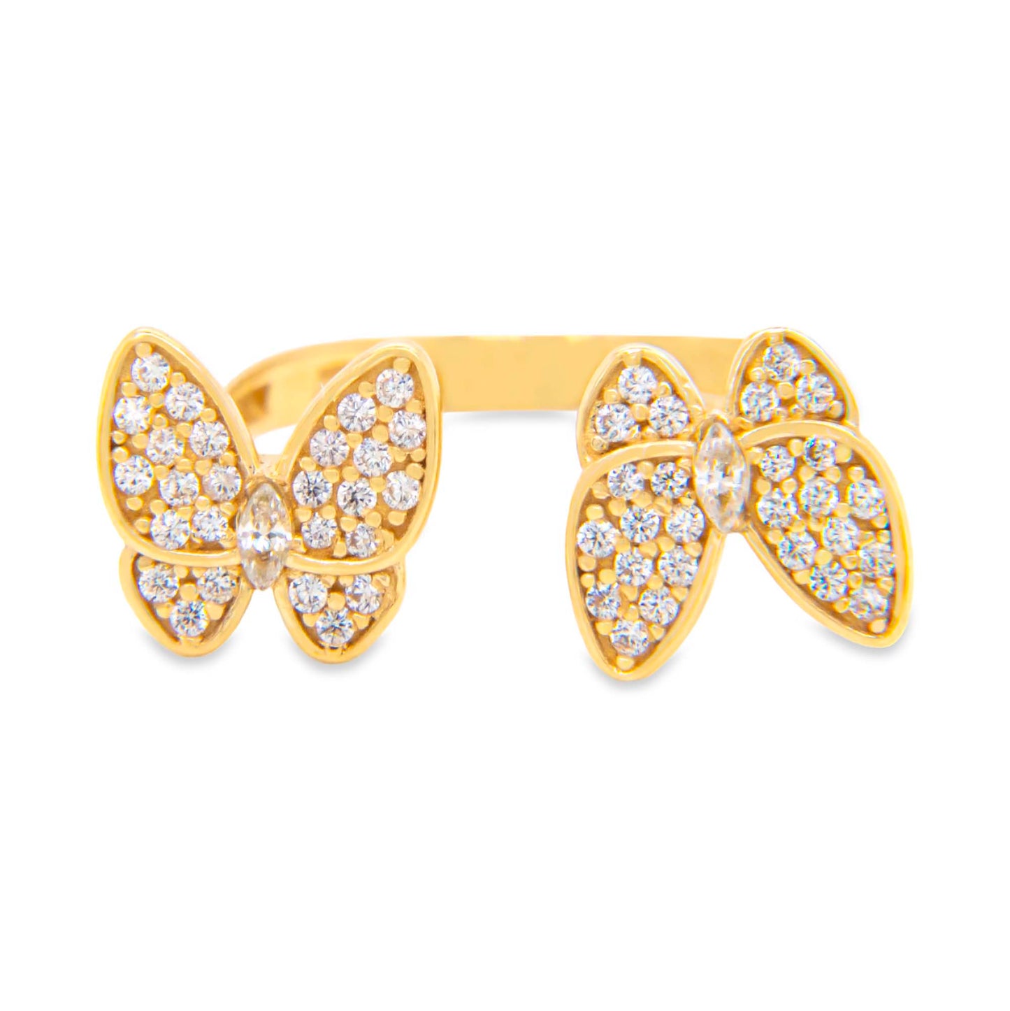 14K Yellow Gold Two Butterfly Bypass Pave CZ Ring