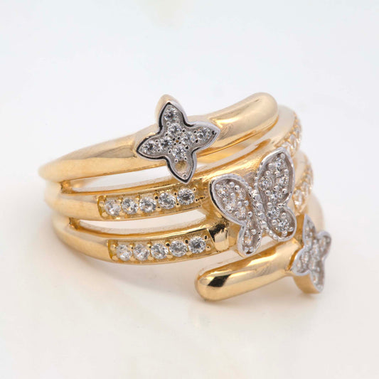 14K Two-Tones Gold Butterfly & Clover Layered CZ Ring