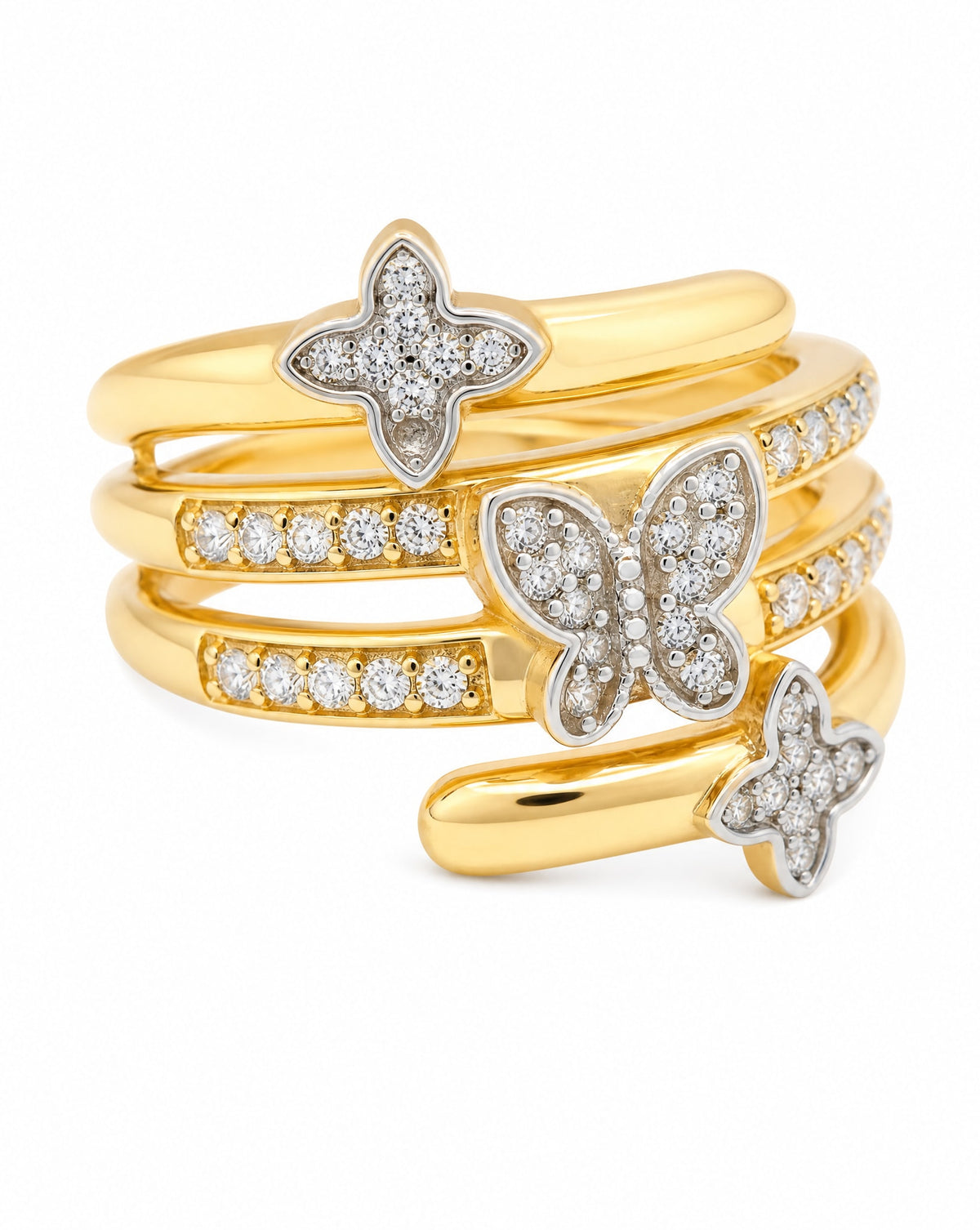 14K Two-Tones Gold Butterfly & Clover Layered CZ Ring