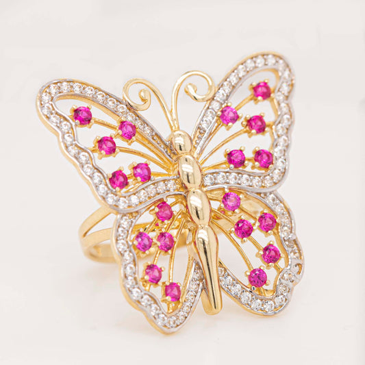 14K Yellow Gold Large Butterfly Hot Pink & White CZ Ring