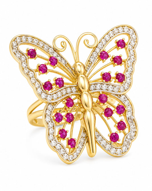 14K Yellow Gold Large Butterfly Hot Pink & White CZ Ring
