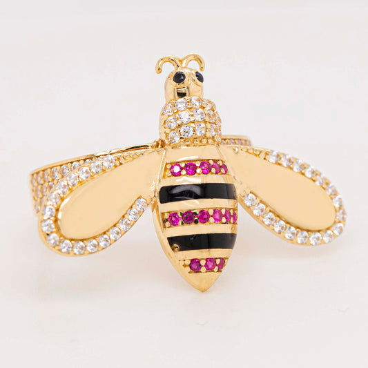 14K Yellow Gold Bee Enamel Multi-Color CZ Ring
