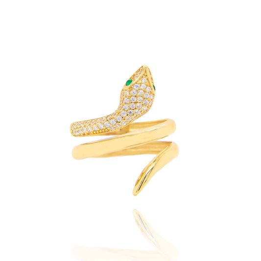 14K Yellow Gold Snake Coil CZ Head Green Eye Wrap Ring
