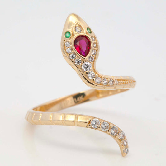 14K Yellow Gold Snake Multi-Color CZ Wrap Ring