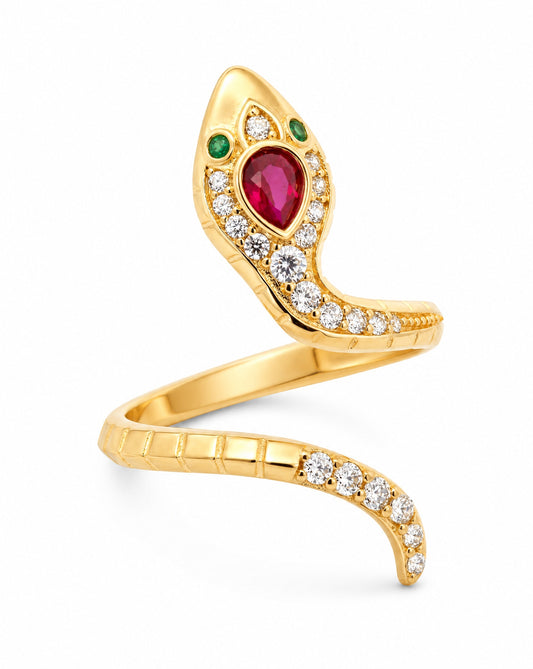 14K Yellow Gold Snake Multi-Color CZ Wrap Ring