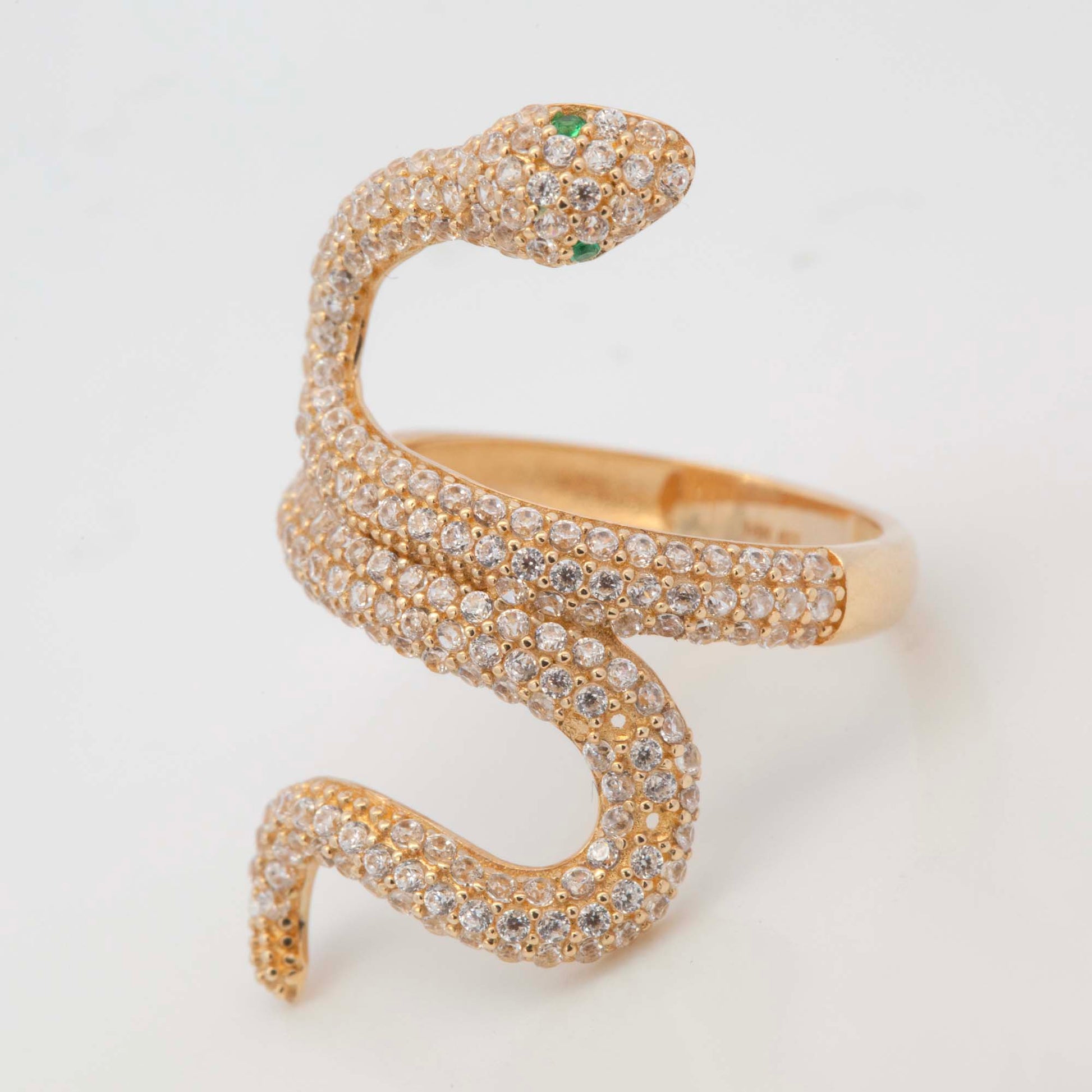 14K Yellow Gold Pave Snake Green Eye CZ Wrap Ring