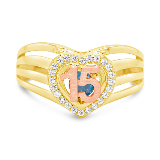 14K Two-Tone Quinceañera Light Blue Stone Heart Triple Band CZ Ring