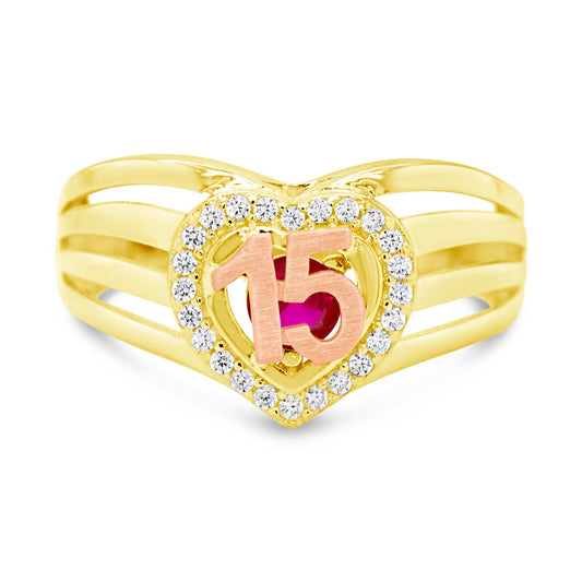 14K Two-Tone Quinceañera Pink Stone Heart Triple Band CZ Ring