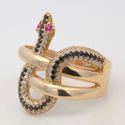 14K Yellow Gold Intertwined Black & White CZ Snake Ring
