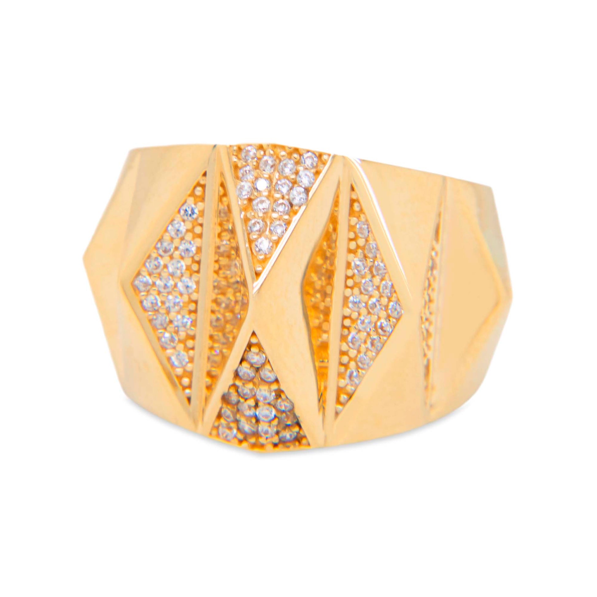14K Yellow Gold 3D CZ Rhombus Dome Ring