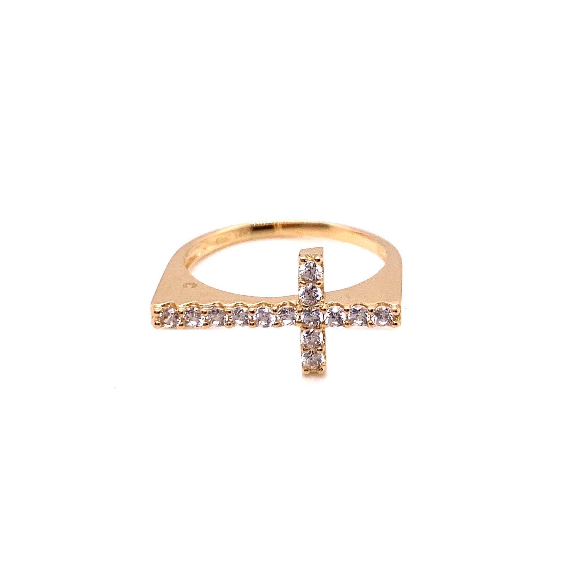 14K Yellow Gold Sideways Pave Cross CZ Ring