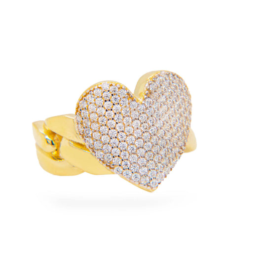 14K Yellow Gold Heart on Cuban Link Band Ring
