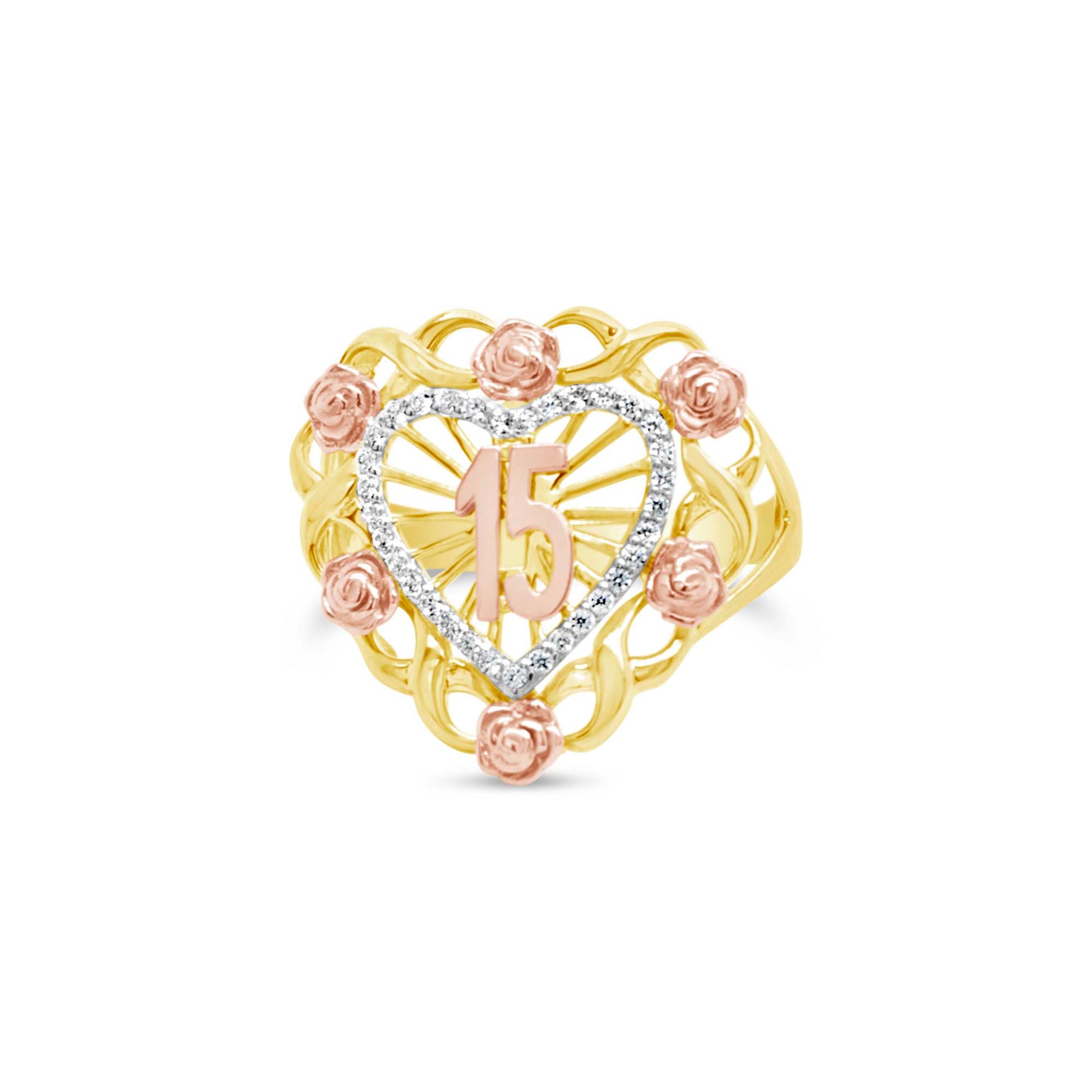 14K Two-Tone Quinceañera Rose Heart CZ Ring