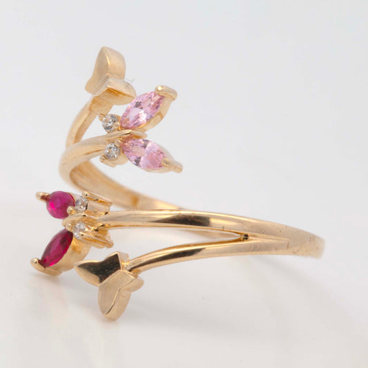 14K Yellow Gold Hot Pink & Light Pink Butterfly Wrap CZ Ring