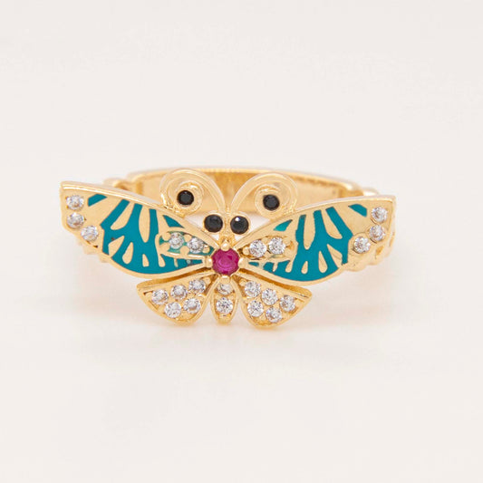 14K Yellow Gold Blue Enamel Butterfly Multi-Stone CZ Ring