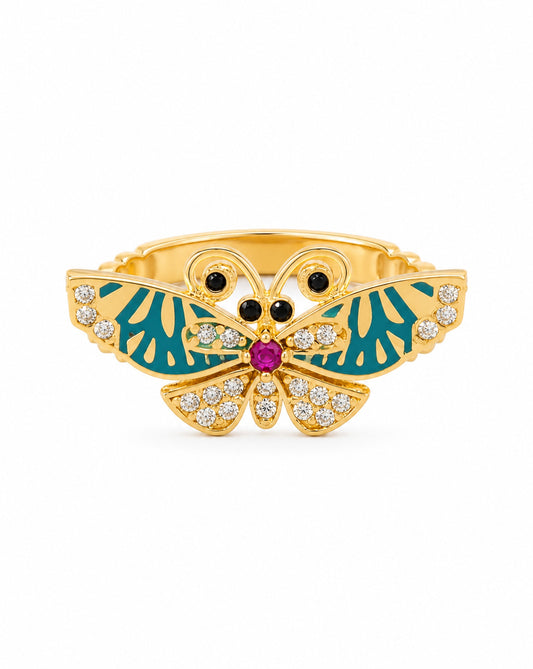 14K Yellow Gold Blue Enamel Butterfly Multi-Stone CZ Ring