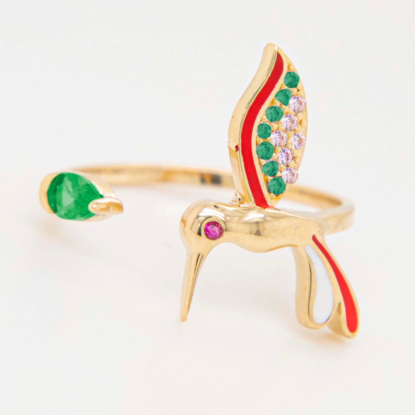 14K Yellow Gold Red & Green Hummingbird Bypass Enamel CZ Ring