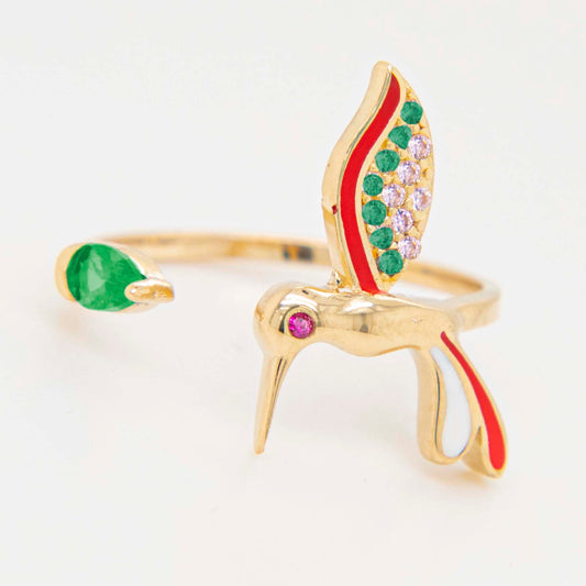 14K Yellow Gold Red & Green Hummingbird Bypass Enamel CZ Ring