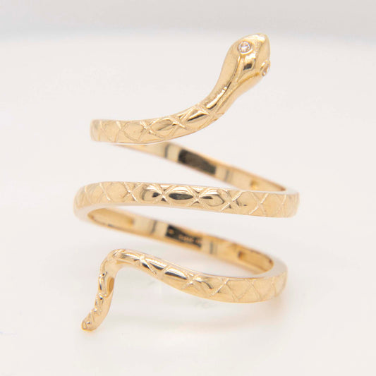 14K Yellow Gold Snake Coil Textured CZ Wrap Ring