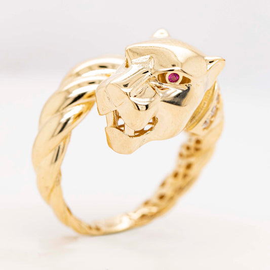 14K Yellow Gold Panther Head Red Eye CZ Twisted Band Ring