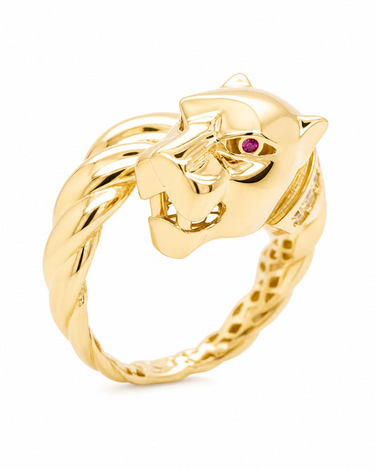 14K Yellow Gold Panther Head Red Eye CZ Twisted Band Ring