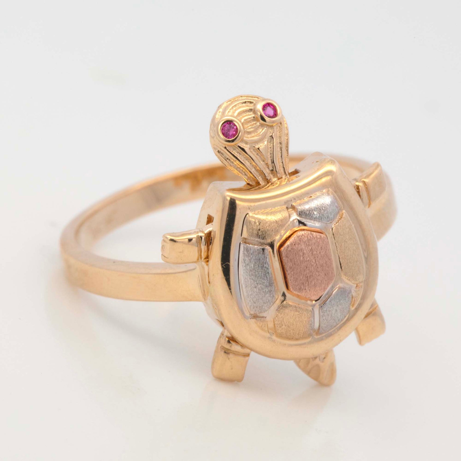 14K Tri-Color Gold Turtle Red Eye CZ Ring