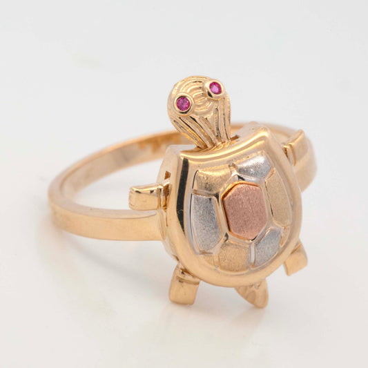 14K Tri-Color Gold Turtle Red Eye CZ Ring