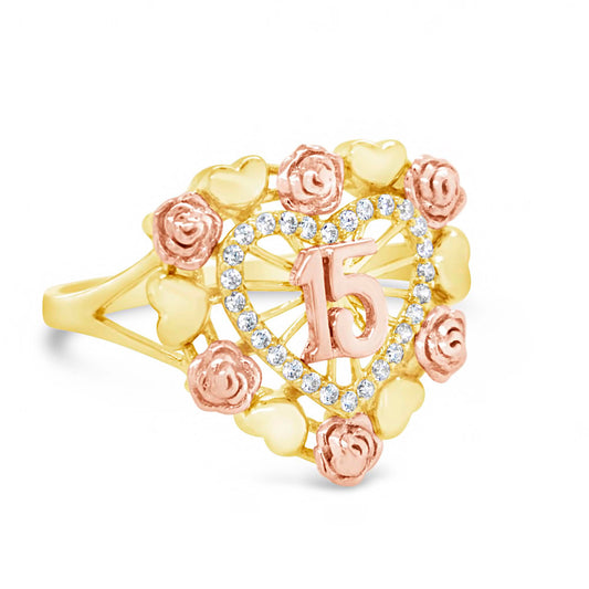 14K Two-Tone Quinceañera Hearts and Roses CZ Ring