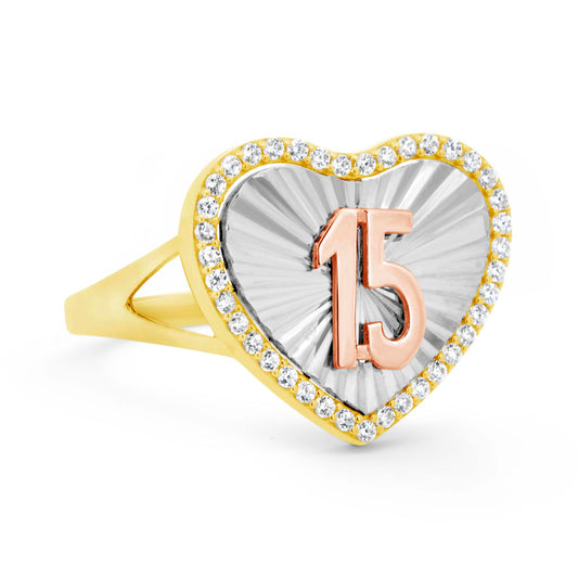 14K Two-Tone Quinceañera Diamond Cut Heart CZ Ring
