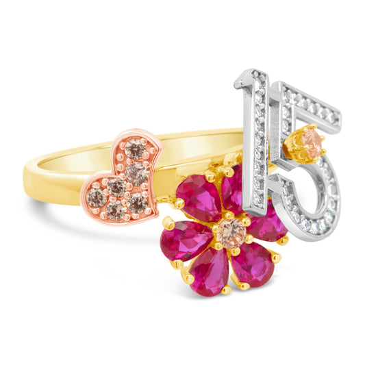 14K Yellow Gold Red CZ Flower Quinceañera Ring