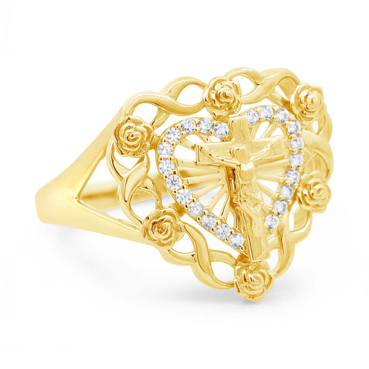 14K Yellow Gold Heart Crucifix Rose CZ Ring
