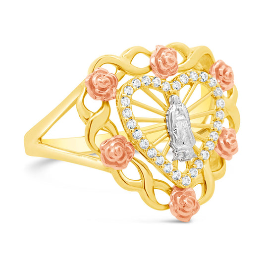 14K Two-Tone "Virgin Maria" Heart Rose CZ Ring