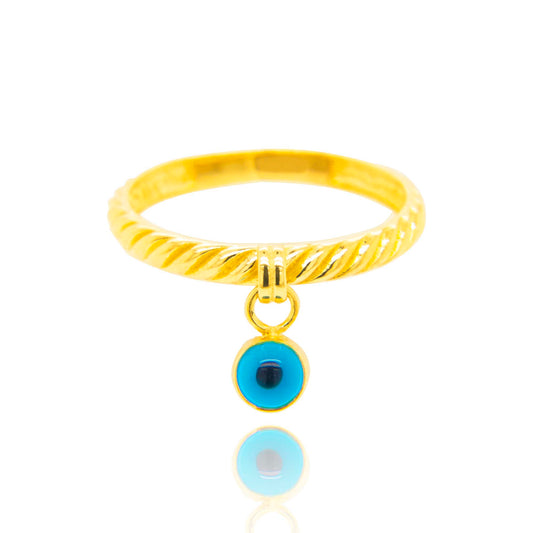 14K Yellow Gold Twisted Band Dangling Evil Eye Ring