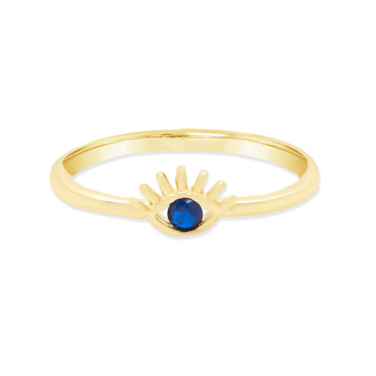 14K Yellow Gold Evil Eye Solitaire Blue CZ Ring