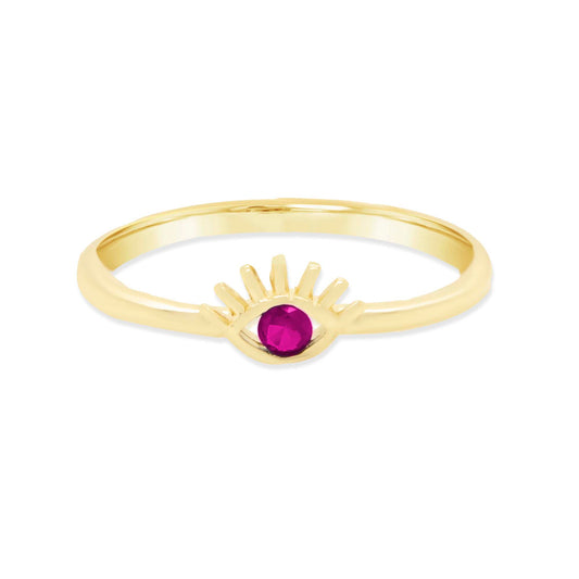 14K Yellow Gold Evil Eye Solitaire Hot Pink CZ Ring