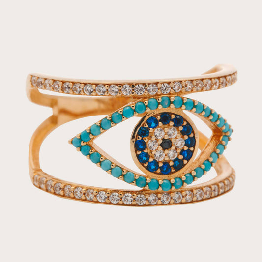 14K Yellow Gold Wide Evil Eye Multi-Stone CZ Ring