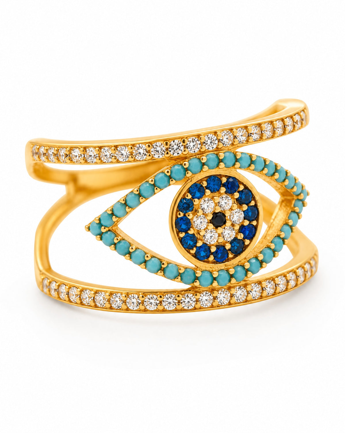 14K Yellow Gold Wide Evil Eye Multi-Stone CZ Ring